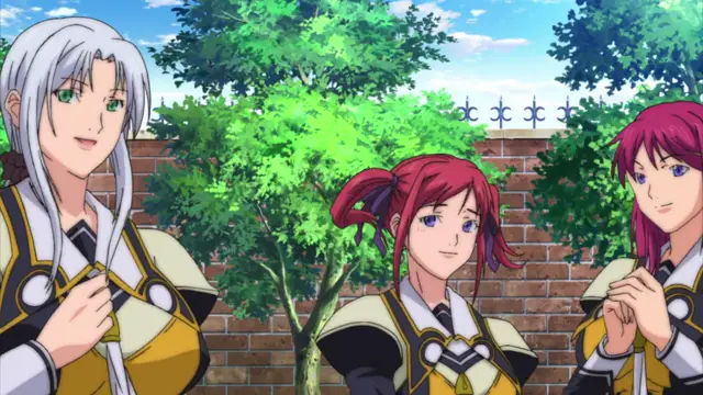Three anime girls with long hair and stylized uniforms stand in front of a brick wall and green trees, smiling while holding sticks. Screenshot from Discipline Zero - Episode 1