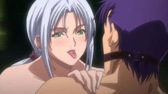 A close-up shot shows a light-haired woman with blushing cheeks and her tongue out looking at a dark-haired man wearing a collar from behind while her hands rest on his shoulders. Screenshot from Discipline Zero - Episode 1