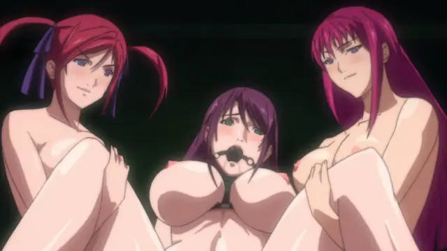 Three scantily clad anime girls, two with red hair and one with purple hair wearing a ball gag, are shown from the waist up in a dark room. Screenshot from Discipline Zero - Episode 1