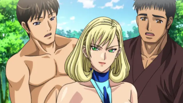 A blonde woman with a neutral expression stands between two shirtless men in a forest setting. Screenshot from Discipline Zero - Episode 2
