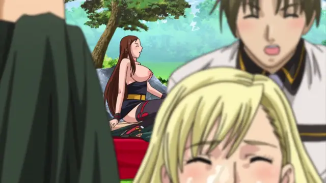 A shocked blonde girl with tears in her eyes and a blushing man in a white kimono watch as a woman in a black dress sits on a red mat in a park. Screenshot from Discipline Zero - Episode 2