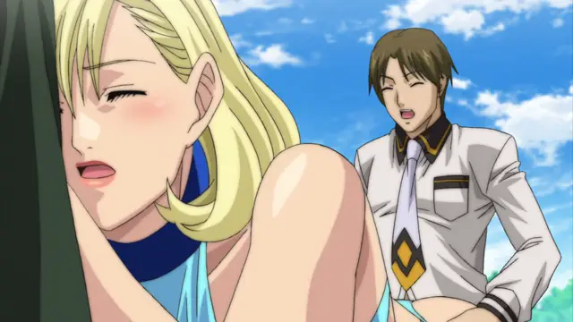 A blonde woman with blushing cheeks and an open mouth leans against a dark green object in the foreground while a brown-haired man in a school uniform watches her with an excited expression against a bright blue sky background. Screenshot from Discipline Zero - Episode 2