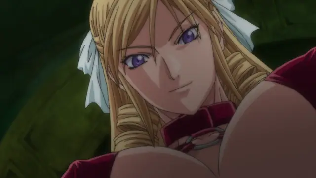 A close-up shot of an anime woman with blonde hair, purple eyes, and a collar, smiling as she faces the camera. Screenshot from Discipline Zero - Episode 2