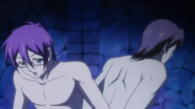 A shirtless young man with purple hair and glasses looks over his shoulder with an open-mouthed expression at another shirtless man with purple hair who is facing away from him in a dimly lit blue stone room. Screenshot from Discipline Zero - Episode 2