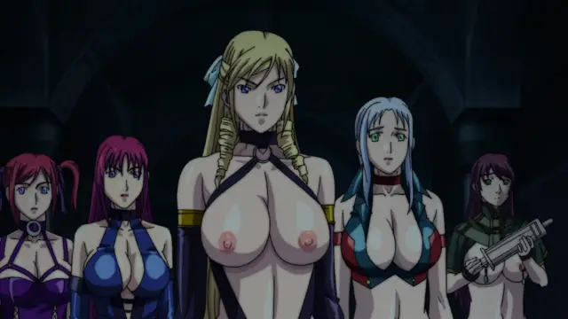 Five scantily clad women with large breasts stand in a row in a dark, cavernous room, with the central blonde woman appearing the most dominant. Screenshot from Discipline Zero - Episode 2
