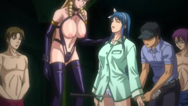 A tall, scantily clad woman with long blonde hair and a black and purple outfit stands behind a blue-haired woman in a light green button-down shirt, while several men watch from the sides. Screenshot from Discipline Zero - Episode 2