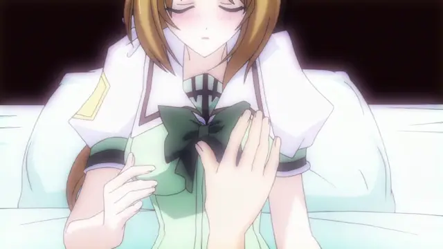 A blushing anime girl in a green and white school uniform with a large black bow sits against a white headboard with her eyes closed and her hands resting on her chest. Screenshot from Beat Blades Haruka - Episode 1