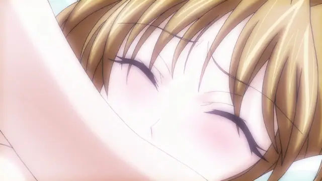 A close-up shot shows a blonde-haired anime girl with her eyes closed and blushing face pressed against a pale, fleshy surface. Screenshot from Beat Blades Haruka - Episode 1