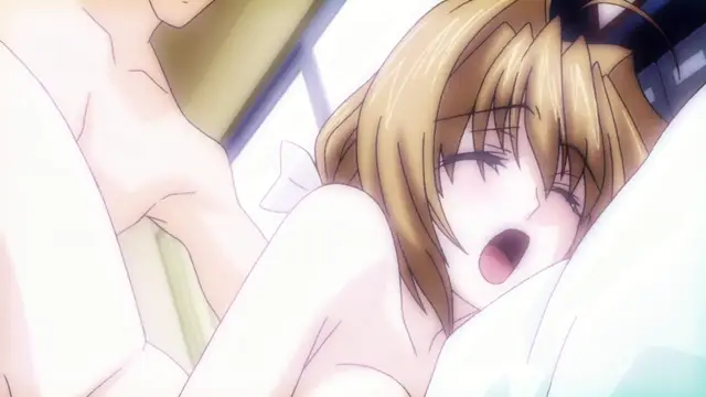 A blonde-haired anime girl with her eyes closed and mouth open lies in bed with a male character partially visible to her left. Screenshot from Beat Blades Haruka - Episode 1