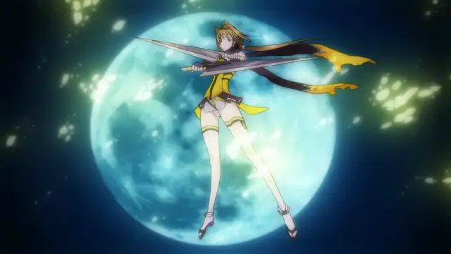 A blonde-haired anime girl in a yellow and white outfit holds a large sword while floating in front of a giant glowing moon. Screenshot from Beat Blades Haruka - Episode 1