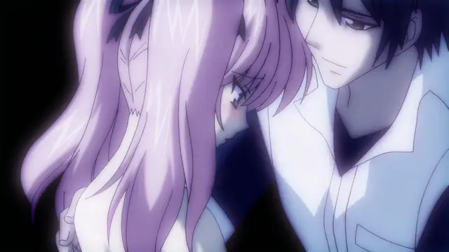 A high-angle close-up shot depicts a young woman with long pink hair and a black ribbon leaning her head against a man with dark hair and a white shirt, both with blushing faces and heavy-lidded eyes. Screenshot from Beat Blades Haruka - Episode 1