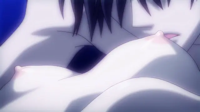 A close-up anime shot depicts a woman with large breasts and pink nipples being sexually intimate with a dark-haired man in an adult scene. Screenshot from Beat Blades Haruka - Episode 1