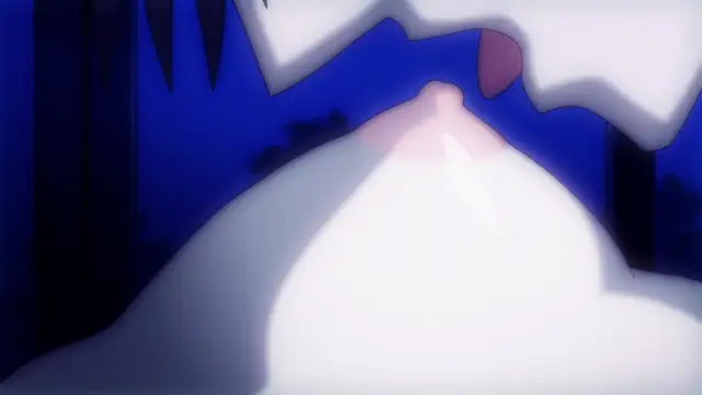 A close-up, low-angle shot shows a girl in a white outfit with a large, exaggerated breast in the foreground against a dark blue background. Screenshot from Beat Blades Haruka - Episode 1
