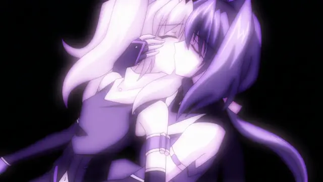 A girl with long, light-colored hair is shown in a close-up shot, leaning in to kiss another character with long purple hair and cat ears, both of them illuminated by a glowing white light against a dark background. Screenshot from Beat Blades Haruka - Episode 2