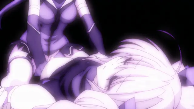 An anime girl with long white hair lies on the ground while another girl in a purple bodysuit looms over her. Screenshot from Beat Blades Haruka - Episode 2