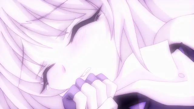 A blushing anime girl with long light purple hair looks down with an embarrassed expression, holding her hands near her face while wearing a white and purple outfit. Screenshot from Beat Blades Haruka - Episode 2