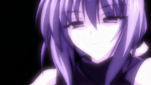 A close-up of a purple-haired anime girl with heavy lidded eyes and a slight smirk, glowing against a dark background. Screenshot from Beat Blades Haruka - Episode 2