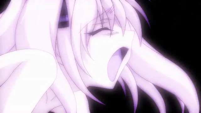 An anime girl with long light pink hair and a white dress has her eyes squeezed shut and her mouth wide open in an expression of intense pleasure or moaning. Screenshot from Beat Blades Haruka - Episode 2