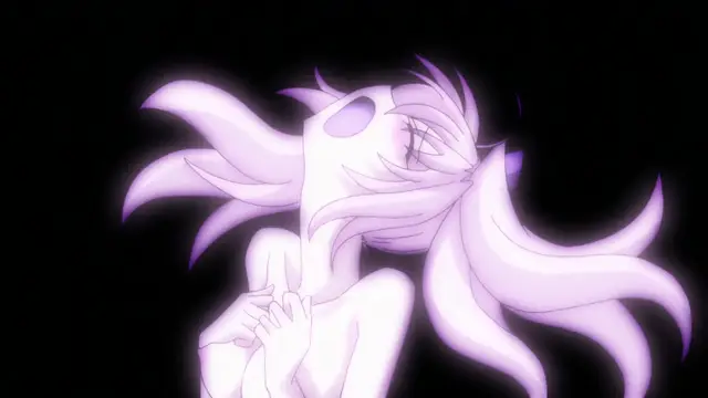 A pink-skinned anime girl with long flowing hair and a blank face sits with her hands folded over her lap against a black background. Screenshot from Beat Blades Haruka - Episode 2