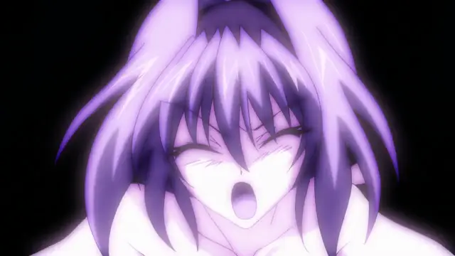 An anime girl with long purple hair and bunny ears has her eyes closed and mouth open in an expression of intense pleasure. Screenshot from Beat Blades Haruka - Episode 2