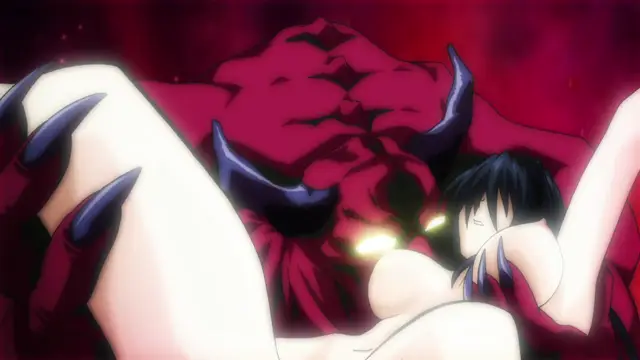 A large, muscular red demon with horns and glowing eyes looms over a small, dark-haired woman who is lying on her back, legs spread wide, while it holds her down and prepares to fuck her. Screenshot from Beat Blades Haruka - Episode 2
