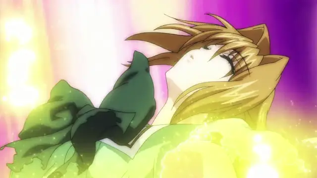 A blonde woman with a green bow on her dress falls backward, her face showing a dazed expression as she is bathed in a yellow and purple glow. Screenshot from Beat Blades Haruka - Episode 2