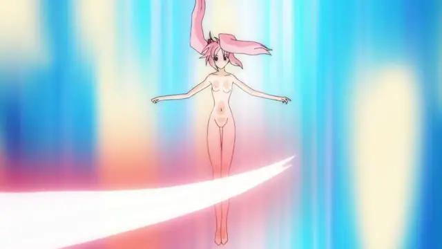 A naked anime girl with long pink hair and small horns floats in a white void with blue and pink light streaks, her arms outstretched and eyes closed. Screenshot from Beat Blades Haruka - Episode 2