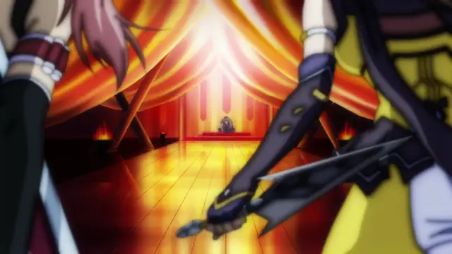 In a grand, glowing throne room with red curtains and flickering torches, a character with long red hair stands facing another character clad in yellow and black armor who holds a sword. Screenshot from Beat Blades Haruka - Episode 2