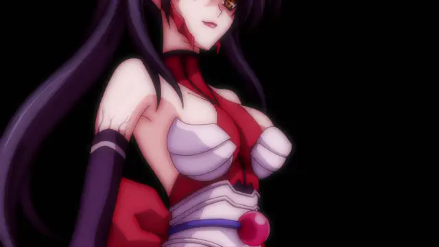 A close-up shot of an anime girl with long dark hair, red markings on her face, and large breasts wearing a red and white outfit against a black background. Screenshot from Beat Blades Haruka - Episode 3