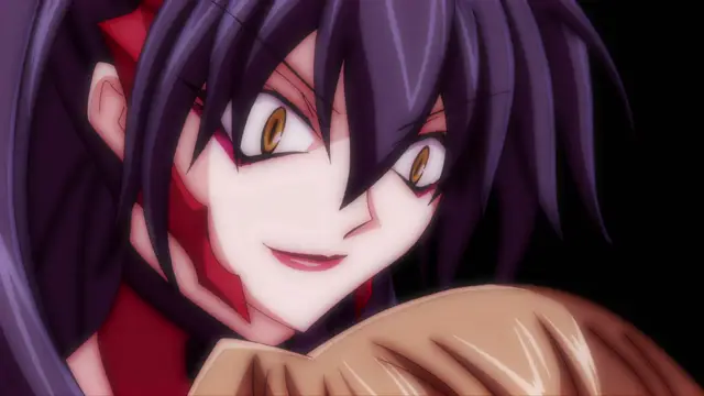 A close-up shot features an anime girl with long dark purple hair and red markings on her face, smiling deviously while looking down at another person lying on the ground. Screenshot from Beat Blades Haruka - Episode 3