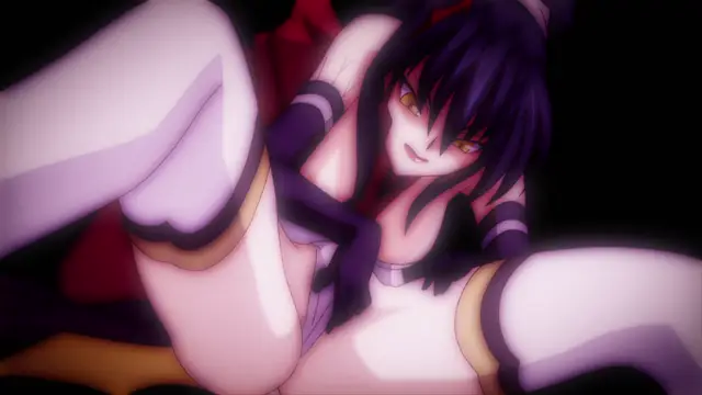 A dark-haired anime girl with yellow eyes and a playful expression lies on her back with her legs spread wide, wearing a white and black outfit with gold trim. Screenshot from Beat Blades Haruka - Episode 3