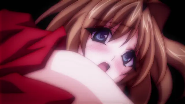 A close-up anime shot of a blushing girl with brown hair looking surprised or dazed as she is being held or pressed against someone's white chest. Screenshot from Beat Blades Haruka - Episode 3