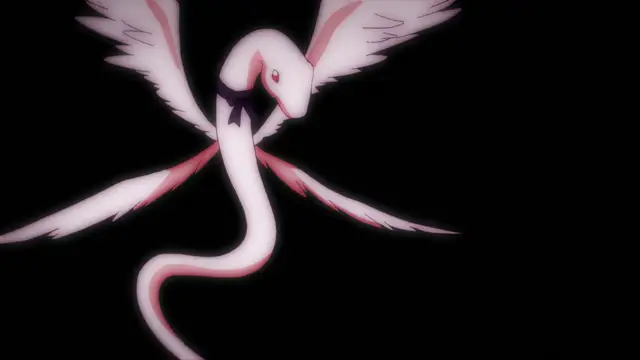 A white, long-tailed winged creature with a stylized face floats against a black background. Screenshot from Beat Blades Haruka - Episode 3