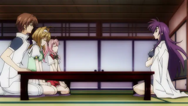 A male character and three girls sit on one side of a low table facing a long-haired woman in a white robe, who is seated opposite them in a traditional Japanese room. Screenshot from Beat Blades Haruka - Episode 3