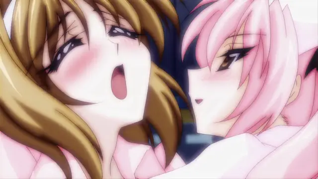 A blonde anime girl with flushed cheeks and open mouth looks up in shock at a pink-haired girl who is leaning in close to her face. Screenshot from Beat Blades Haruka - Episode 3