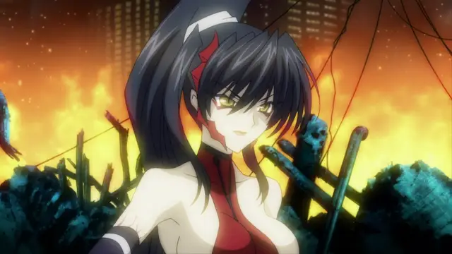 A female anime character with dark hair and gold eyes stands in front of a burning cityscape, looking towards the viewer with a smirk. Screenshot from Beat Blades Haruka - Episode 3