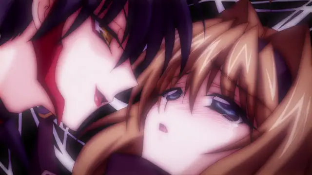 A high-angle close-up shot of a black-haired anime man with a red mask looming over a blonde woman with cat ears who is lying down with a dazed, blushing expression and moist eyes. Screenshot from Beat Blades Haruka - Episode 3