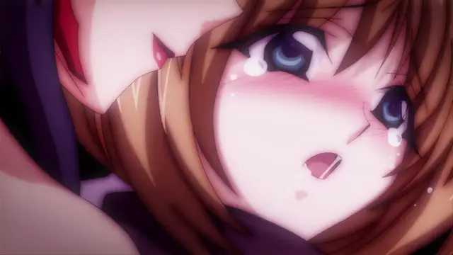 A close-up of a blushing anime girl with long brown hair and watery blue eyes looking distressed or overwhelmed while lying down. Screenshot from Beat Blades Haruka - Episode 3