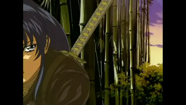 A close-up shot of a brown-haired anime woman with a sword on her back looking out from a bamboo forest. Screenshot from The Last Kunoichi - Episode 1