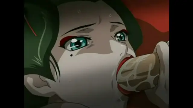 A close-up shot of a tearful anime girl with long green hair and red eyes, looking distressed as she performs oral sex on a male character's penis. Screenshot from The Last Kunoichi - Episode 1
