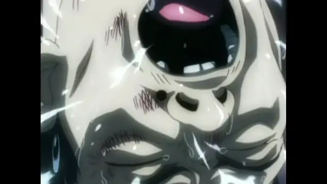 An extreme close-up of a muscular male character with sweat dripping down his face as he has his mouth wide open in an expression of intense pleasure or exhaustion. Screenshot from The Last Kunoichi - Episode 1