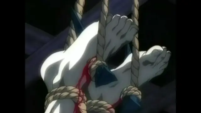 A pale-skinned anime woman is tied to a wooden post with thick ropes and bleeding from her chest, with her arms raised and her mouth open. Screenshot from The Last Kunoichi - Episode 1
