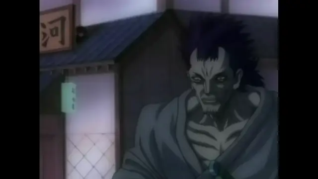 A muscular man with spiky dark hair and a scarred face, wearing a grey kimono, stands in front of a traditional Japanese building with a wooden sign. Screenshot from The Last Kunoichi - Episode 1