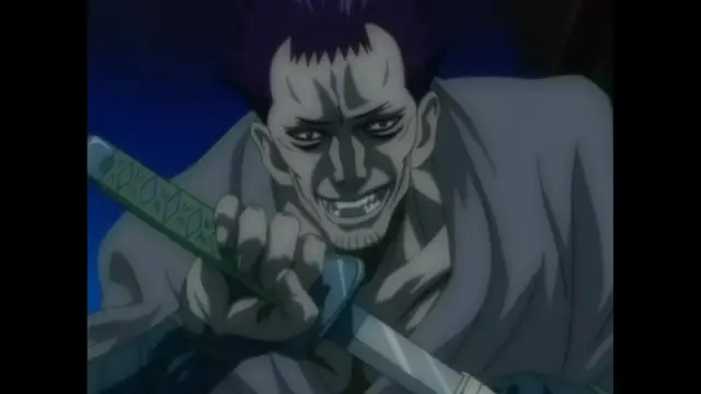 A male anime character with spiky hair, sharp fangs, and a menacing grin grips a katana across his chest in a tense, action-packed pose. Screenshot from The Last Kunoichi - Episode 1