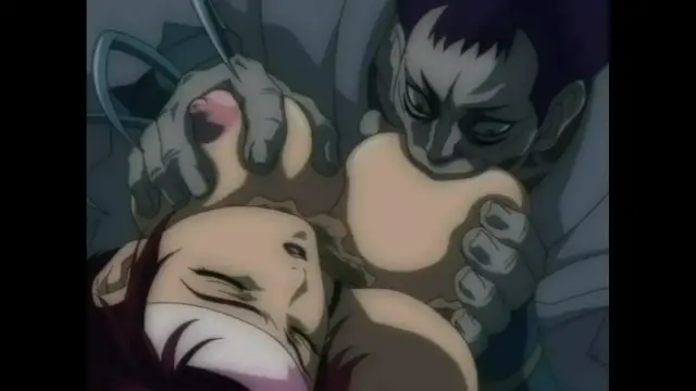 A muscular, gray-skinned man with a stern expression grips the large breasts of a woman with reddish-purple hair who is lying down with her eyes closed. Screenshot from The Last Kunoichi - Episode 1