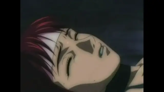 A close-up shot of a male anime character with white and red hair lying on his back with a blissful expression on his face and his eyes closed. Screenshot from The Last Kunoichi - Episode 1