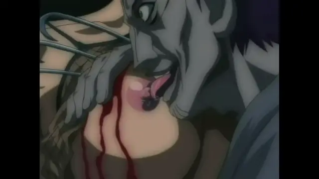 A gray-skinned, muscular monster with long fangs licks the breast of a woman with chains around her neck, with blood dripping down her chest. Screenshot from The Last Kunoichi - Episode 1