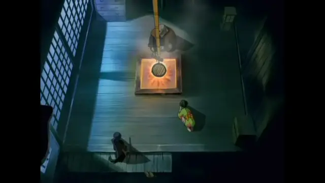 A high-angle shot shows a Japanese man in a yukata sitting on a tatami mat, holding a long pole over a decorative brazier with fire inside a traditional room, while two girls in kimonos observe from the floor. Screenshot from The Last Kunoichi - Episode 1