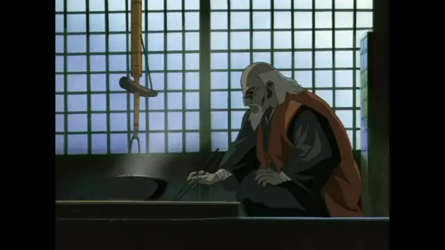 An old man with a long white beard and a orange kimono sits by a steaming pot, using chopsticks to stir the food in a traditional Japanese room. Screenshot from The Last Kunoichi - Episode 1