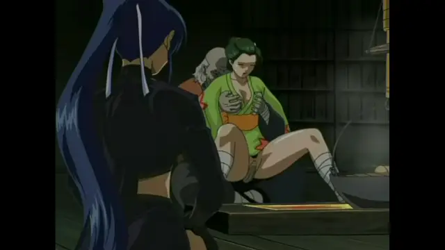 A long-haired woman in a black outfit stands in a dimly lit room watching a man in a green and orange outfit sit on a low platform near a fireplace. Screenshot from The Last Kunoichi - Episode 1